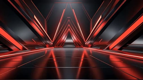 Futuristic tunnel with red neon lighting. Dark, sleek, and modern interior design