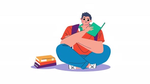 Animated Flat Design Student Character Reading Book Illustration