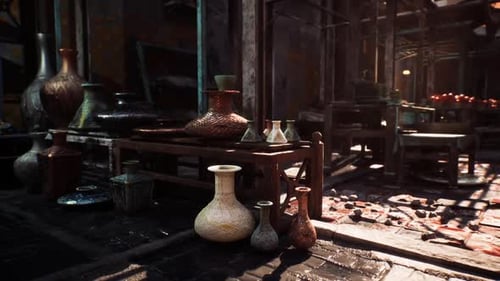 Traditional Pottery Displayed in a Vibrant Old Market of a Small African Town