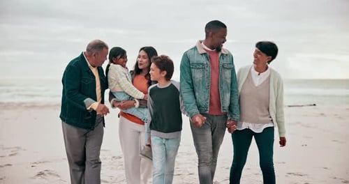 Big family, love and happy on beach with walking, travel and bonding on vacation