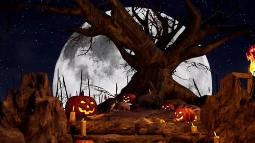 Animated Halloween Night Scene with Spooky Tree and Jack-o-Lanterns