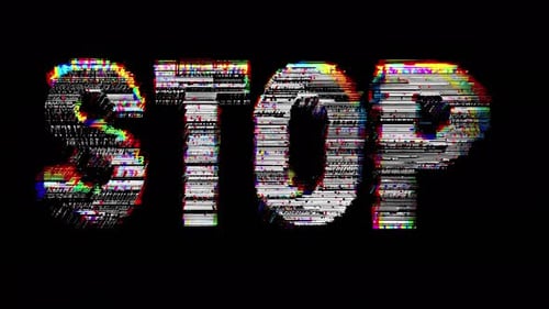 This stop motion animation showcases the word STOP in bold, glitchy text.