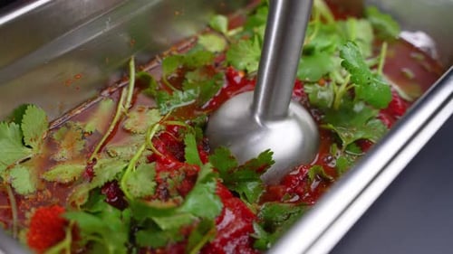 Red Sauce Blended with Cilantro Close Up