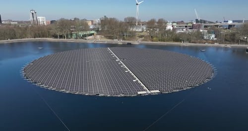 floating solar panel. Renewable sustainable energy. Aerial view.