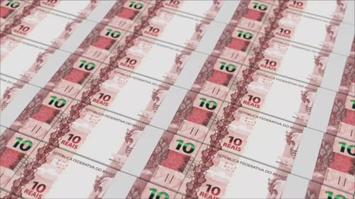 Brazilian 10 Reais Banknotes Printing and Moving Seamless Loop