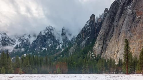 Time lapse of a snowy winter landscape in Yosemite National Park