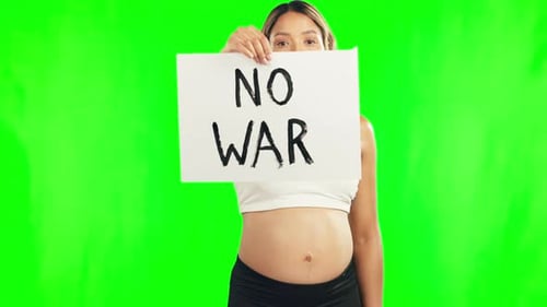 Pregnant woman, no war sign and billboard on green screen for protest or message on mockup