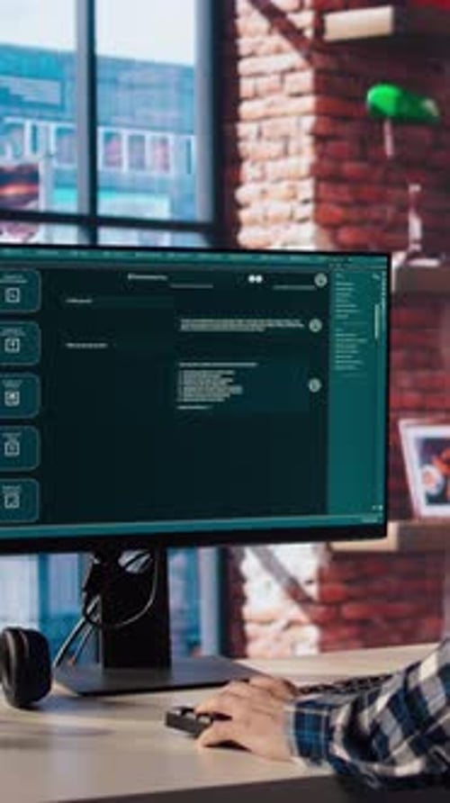Mann zu Hause stellt Fragen an den virtuellen Assistenten von AI LLM Chatbot
