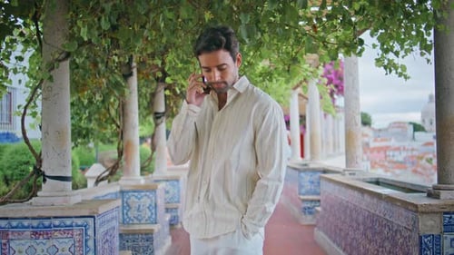 Handsome Brunette Talking Smartphone Waiting at Alley Closeup Macho Ending Call