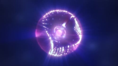 Abstract purple energy sphere with flying bright particles, science futuristic atom
