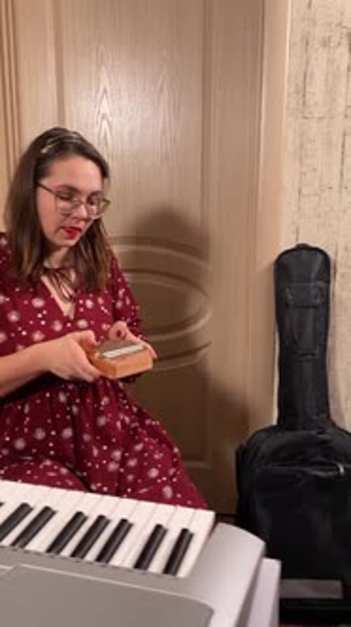 A woman playing the musical instrument indoors