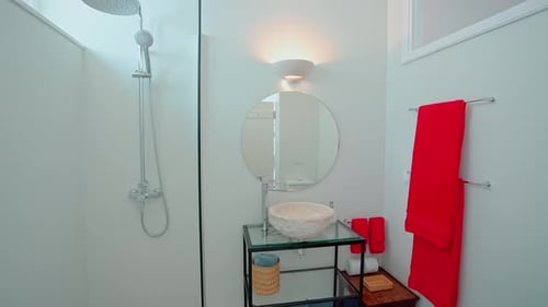 Modern Bathroom Interior Design with Shower and Stone Sink