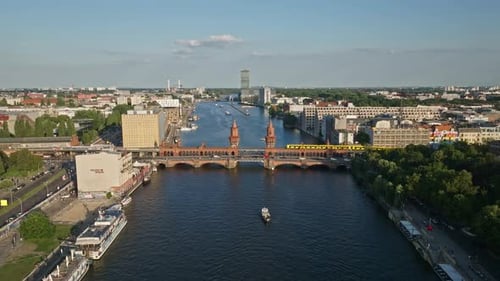 Aerial view of train crossing The Oberbaum Bridge , Berlin , Germany