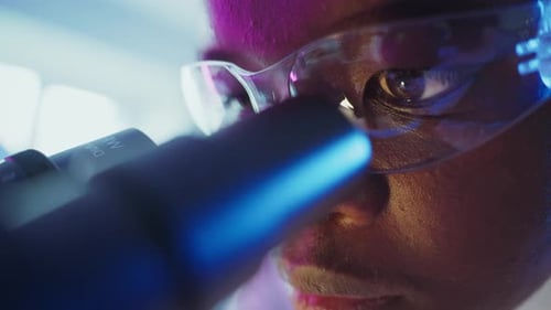 Wissenschaftler analysieren Probe mit Mikroskop im Labor