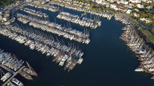 Aerial View on Summer Town Buildings and Boats or Yachts on Sea Water in Harbor