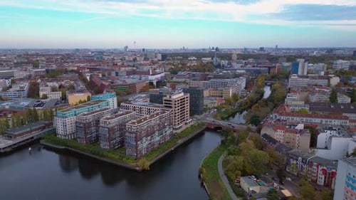 Berlin cityscape with Spree river buildings. Marvelous aerial view flight drone