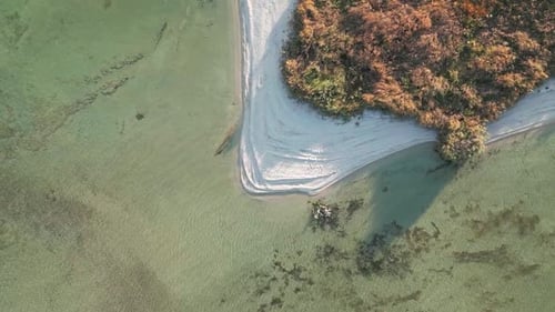 Aerial top shot lake and beach. Lake Sevan in Armenia, Caucasus.