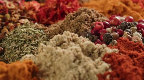 Mix Spices Dried Pink Black Pepper Green Dill Red Paprika Yellow Turmeric Garlic Salt Closeup Macro