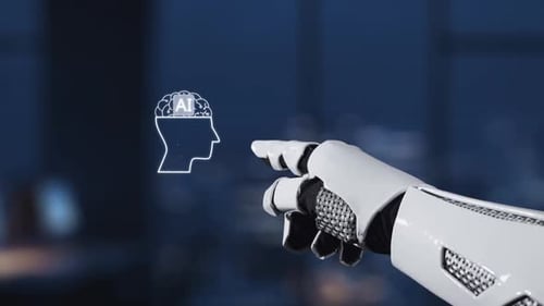 Futuristische Roboterhand, die auf eine KI-Gehirngrafik zeigt, mit digitalen Verbindungen, die künstliche Intelligenz darstellen