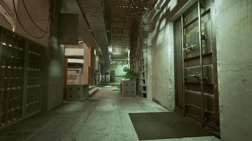 Dimly Lit Industrial Corridor Featuring Plants and Textured Walls