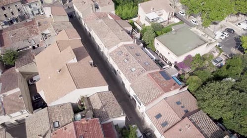 City of Montpelier France homes and buildings built in close unified rows, Aerial orbit out shot