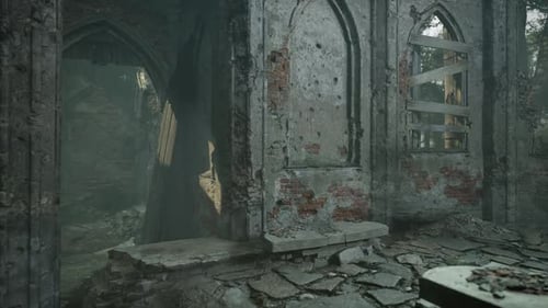 Room in a Ruined Building With Table and Chairs