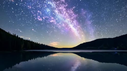 A Dreamy Starlit Night Over A Tranquil Lake With Reflections