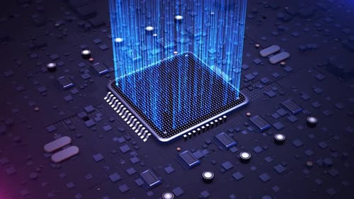 Futuristic AI Processor Chip Data Flow on Circuit Board
