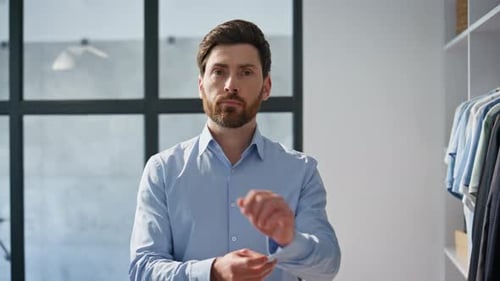 Bearded Man Buttons Shirt Cuffs Indoors