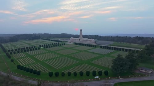 Aerial view of warm sunset colors lighting Douaumont Ossuary France