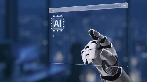 Futuristische Roboterhand, die mit KI-Technologie-Schnittstelle interagiert und digitale Inhalte und Fortschritte präsentiert