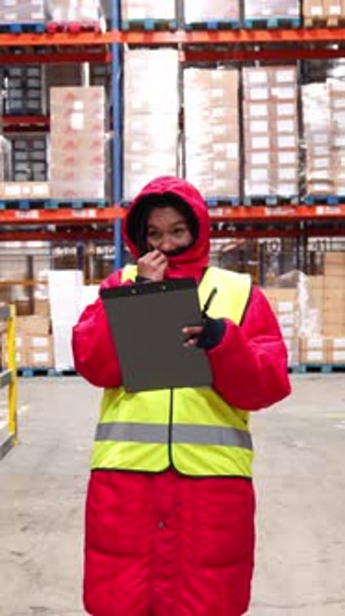 Warehouse Worker Checking Inventory in a Cold Storage Facility
