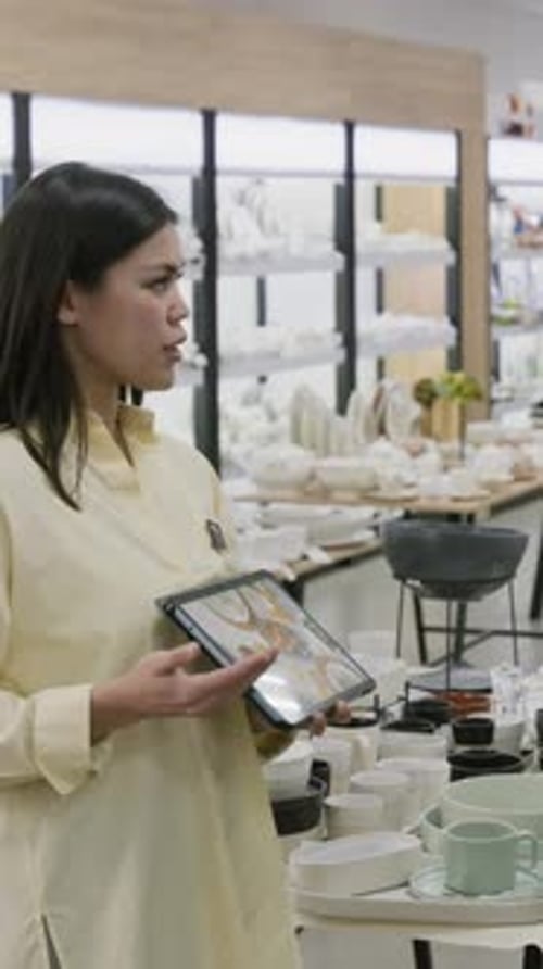 Vertical of Shop Assistant Demonstrating Pictures of New Tableware Collection
