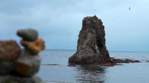 Steine an der Küste vor dem Hintergrund einer Klippe im Seeclip Gestapelte Steine auf Felshintergrund mit