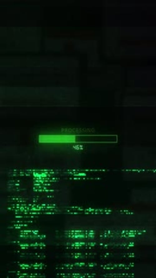 Digital Data Transfer Progress Bar Green Matrix Glitch Digital Artifacts and Scrolling Code Data