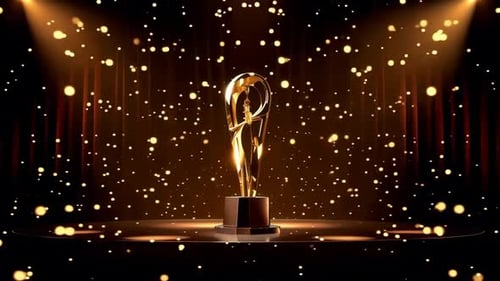 Goldene Award-Trophäe auf der Bühne mit Sparkling Particles und Re