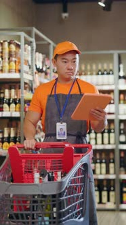 Asian Serious Sellerman Employee Worker Standing at Alcohol Section Using Tablet Computer for Work