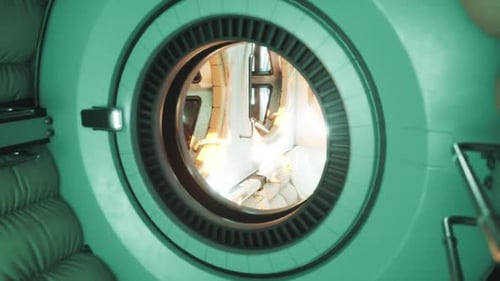 Interior View of a Space Station Module with Circular Window and Lighting