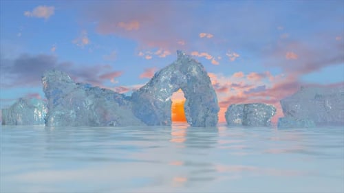 Serene 3D Ice Arch in a Tranquil Ocean at Sunset with a Pastel Sky Backdrop