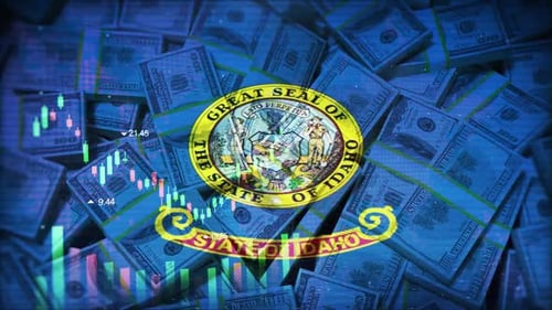Idaho Flag On Economic Background With Decrease Bar Chart Graph And Arrow