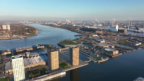 Semi orbit aerial view of Antwerp harbor and industrial zone