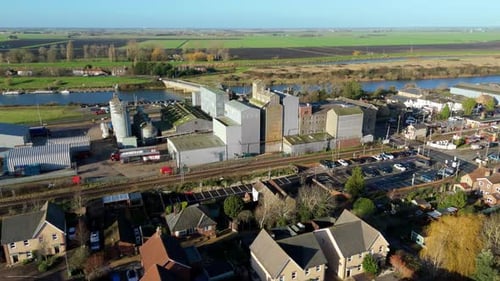 Aerial view of buildings near the river, United Kingdom.