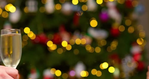 Mãos de pessoas desconhecidas tocam taças de champanhe e brindam contra a árvore de Natal