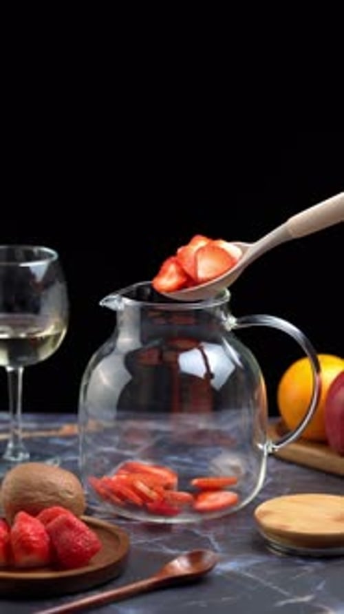 Adding Sliced Strawberries to Glass Pitcher for Sangria