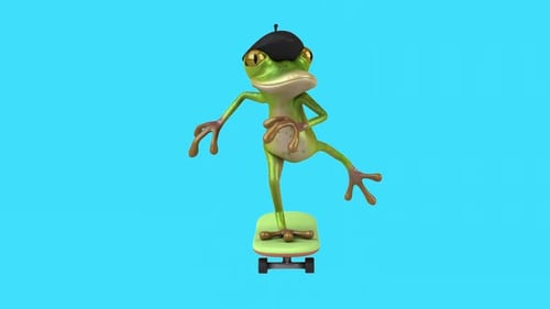 Lustiger 3D-Cartoon-Frosch auf einem Skateboard (mit Alphakanal)