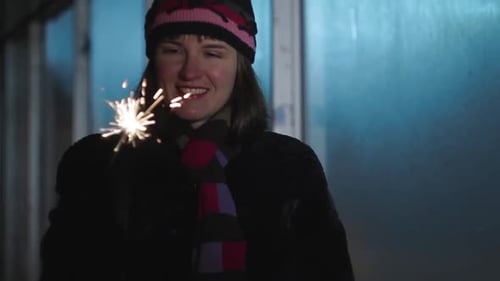 Young woman have fun and smile with sparkler at the winter holiday Christmas