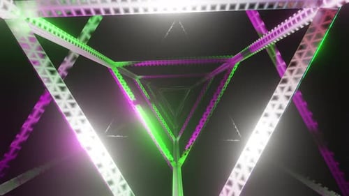 Abstract Disco Neon Background, Flight Forward Through Triangular Corridor, Flickering Colorful