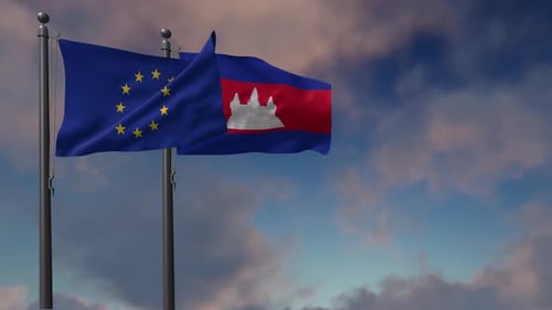 European Union and Cambodia Flags Waving in the Wind