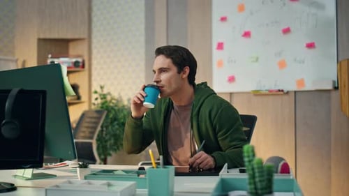 Relaxed Designer Working Computer Home Office Man Drinking Tea Staring Monitor