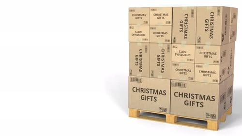 Christmas Gifts Cardboard Boxes Stack Rotating on Pallet